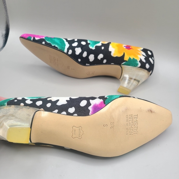 Timothy Hitsman Vintage Floral Shoes with Lucite Clear Heels, Size 8.5 - Picture 7 of 10
